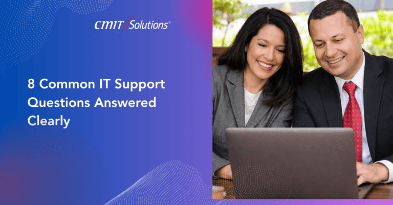 CMIT Solutions banner: '8 Common IT Support Questions Answered Clearly' with two professionals reviewing a laptop.