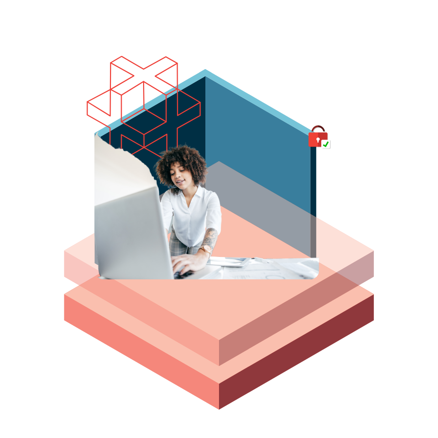 Woman typing on a laptop inside a blue and peach geometric cube, symbolizing a secure digital workspace.