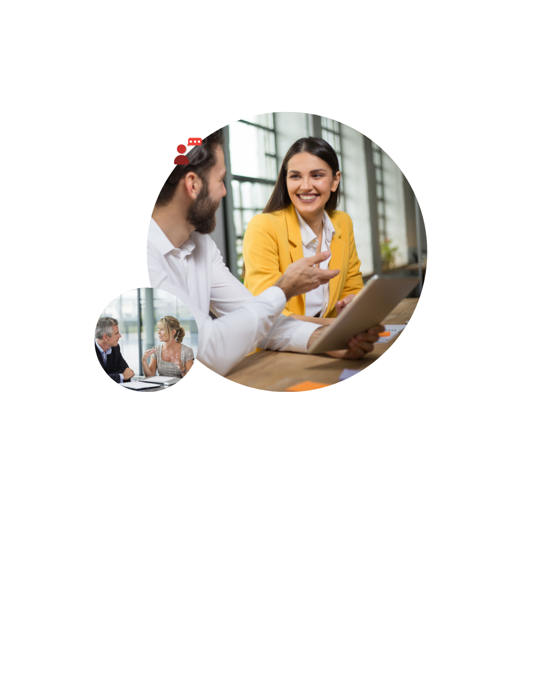 Two colleagues discuss a document at a table, smiling in a bright office, with a tablet in view (teamwork scene).