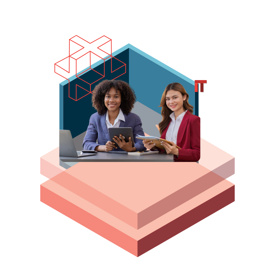 Two women professionals sit at a desk with a tablet and papers, in a blue geometric backdrop on layered pink platforms.