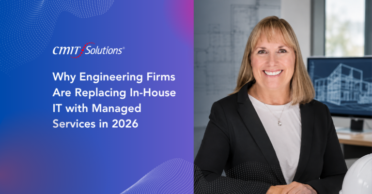 Header image for article: CMIT Solutions logo and title about replacing in-house IT with managed services in 2026, with a smiling professional woman on the right.