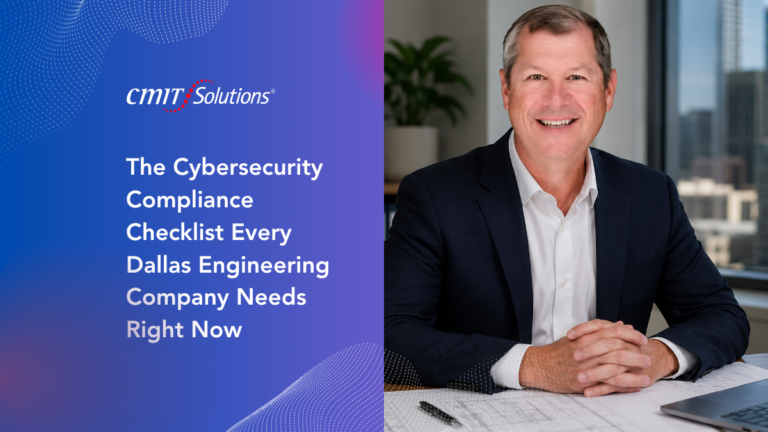 Left panel shows CMIT Solutions logo with a blue gradient and the headline about cybersecurity compliance; right panel features a smiling businessman in a navy suit seated at a desk in an office.