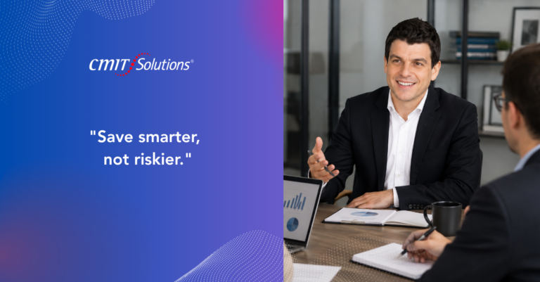 CMIT Solutions branding and the slogan 'Save smarter, not riskier' on a purple gradient left panel, with two professionals in a meeting on the right.