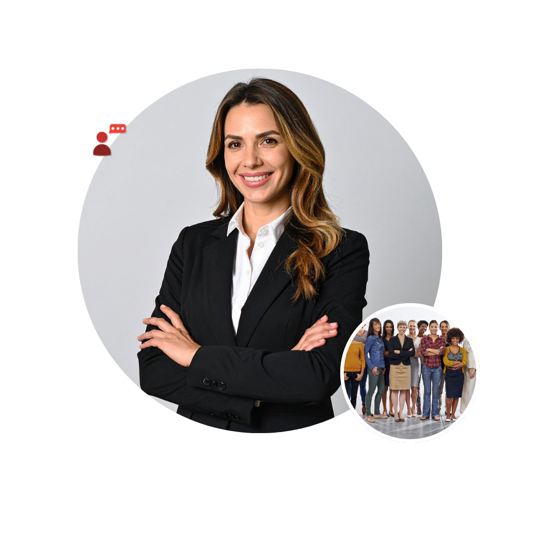 Smiling businesswoman in a black blazer with arms crossed; inset shows a diverse team.