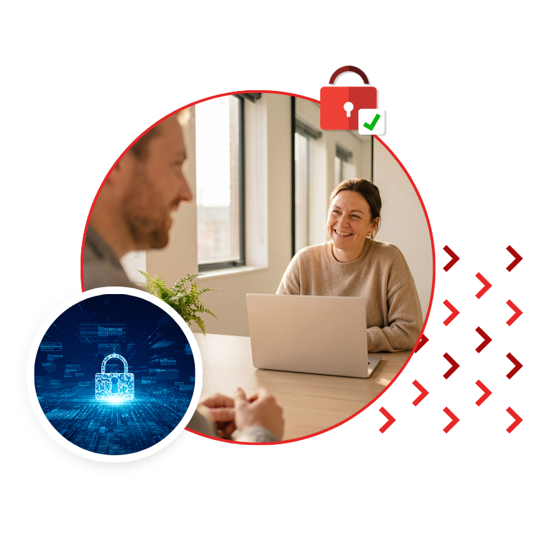 Two colleagues discuss a laptop in a bright office; security icons suggest trusted collaboration.