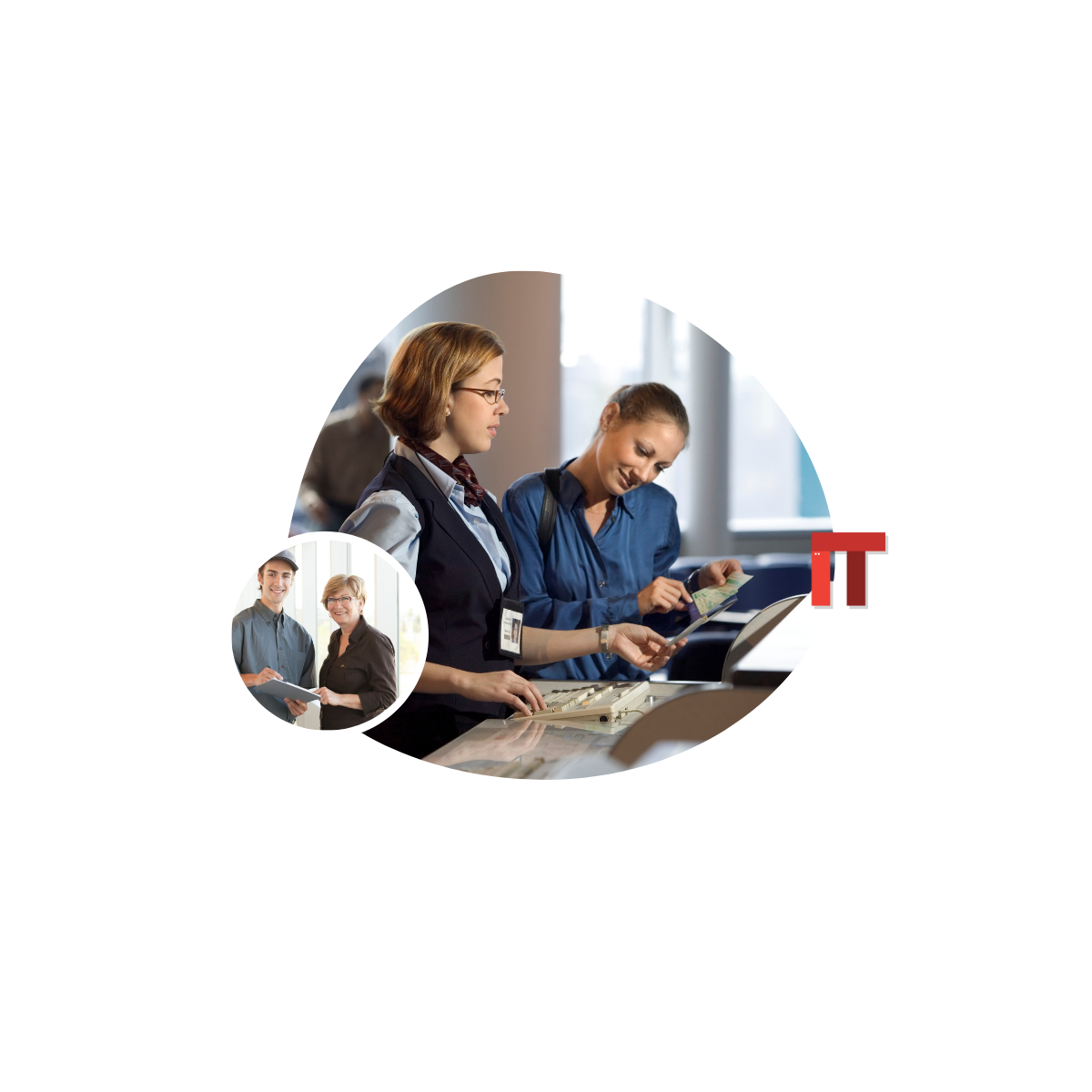 Two women collaborate at a desk in an office, with an inset circle featuring two smiling colleagues; red IT text overlays the scene