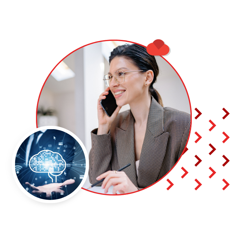 Businesswoman on a call, framed by a red circle, with a cloud-technology graphic inset and red chevrons suggesting digital communication.