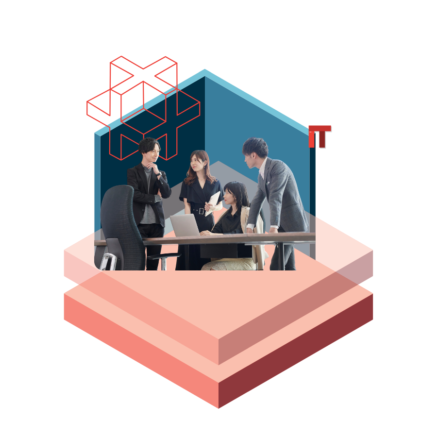 Team of four professionals discussing around a laptop inside a blue geometric cube with IT motif, on a layered pink platform.