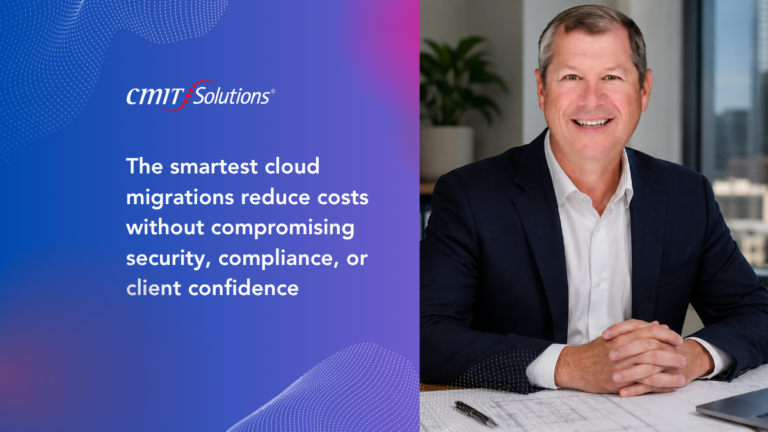 CMIT Solutions hero: purple gradient left with cloud-migration message; smiling businessman in a suit at a desk on the right.