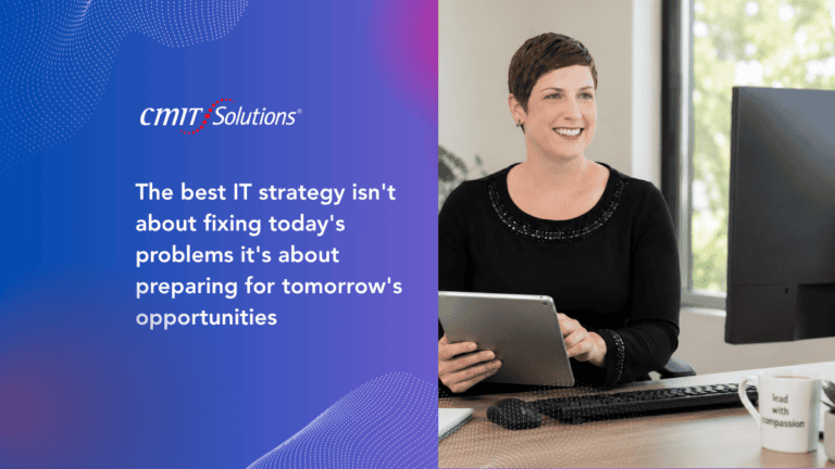 CMIT Solutions hero: left gradient panel with the IT strategy quote; right shows a smiling woman at a desk holding a tablet.