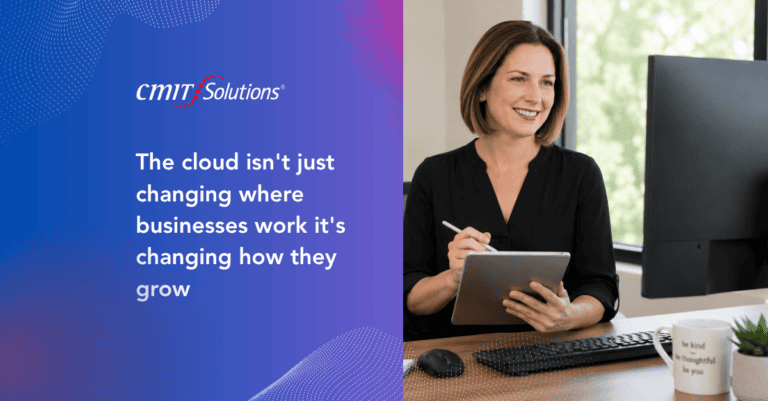 CMIT Solutions branding on a blue gradient left panel beside a smiling woman at a desk using a tablet on the right.