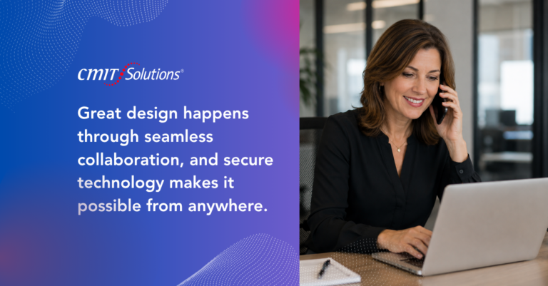CMIT Solutions hero panel emphasizing seamless collaboration and secure technology, next to a woman on a call with a laptop in an office.