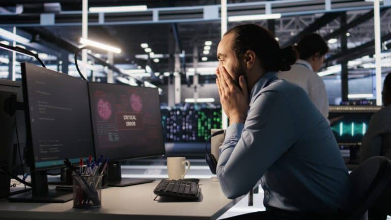 IT worker in a server room reacts to a monitor showing 'CRITICAL ERROR' at a desk with multiple screens and a coffee mug nearby.