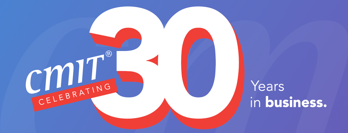 CMIT Solutions South Denver IT Support CMIT 30th anniversary banner: large white 30 with red outline on blue gradient, 'Years in business.'