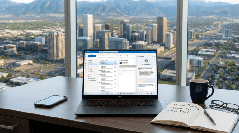 Modern office desk with a laptop showing email and an AI assistant panel, overlooking the Denver Tech Center skyline with the Rocky Mountains in the background.