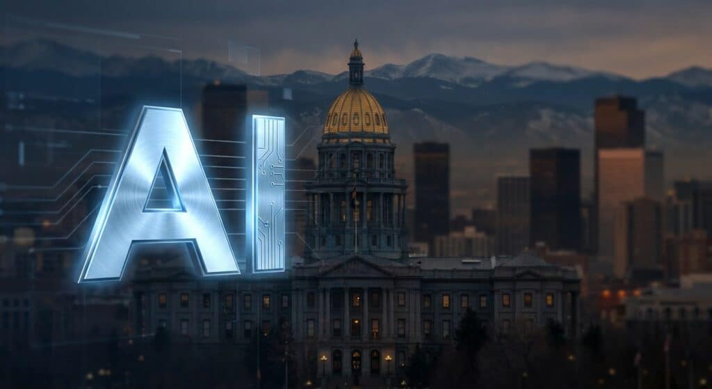 Glowing, metallic 'AI' letters with circuit patterns over a city skyline at dusk, including a domed capitol building in the foreground.