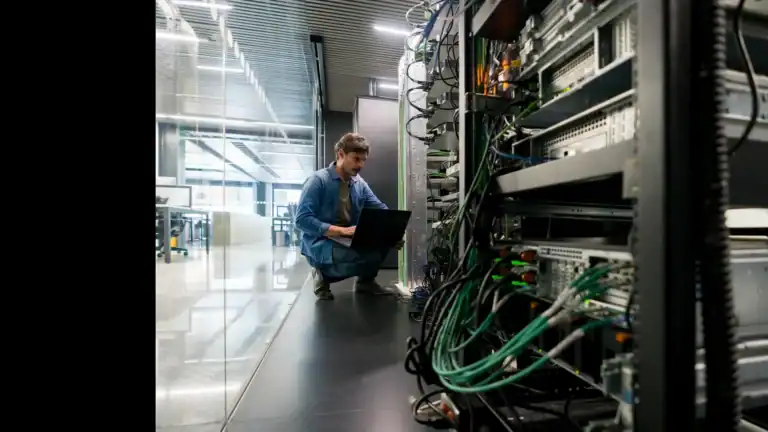 Technician checks server equipment to keep business systems stable, reducing the small daily interruptions that steal time.
