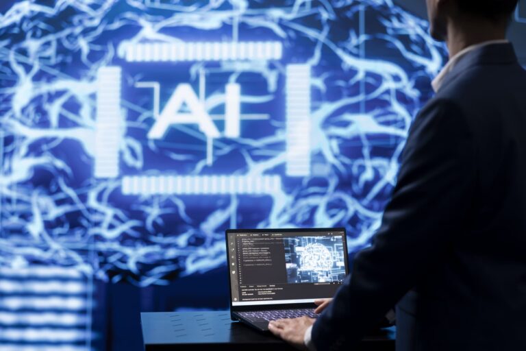 Man using AI software on laptop with digital background