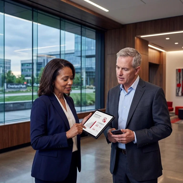 Two business professionals discuss data on a tablet in a modern glass-walled lobby.