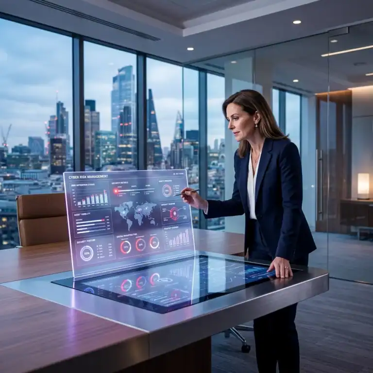 Businesswoman in a suit uses a holographic dashboard to review cyber risk metrics in a modern office.