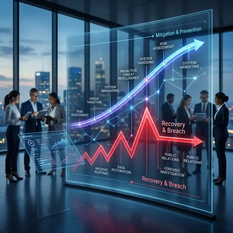 Business professionals study a large glass holographic dashboard showing a security risk graph titled 'Mitigation & Prevention' with stages like risk assessment, system hardening, data restoration, and a 'Recovery & Breach' path across a cityscape backdrop.