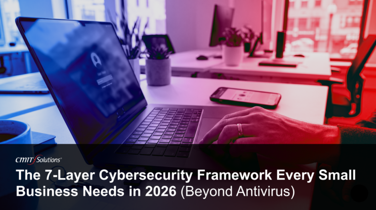 Office desk with a laptop, smartphone, and a hand on the keyboard; CMIT Solutions branding and cybersecurity framework headline.