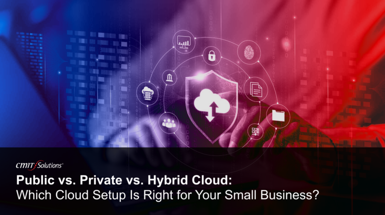 Tech banner with cloud icon and security symbols around a shield, gradient blue to red, for a cloud-models article (public/private/hybrid).
