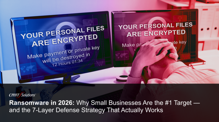 Two computer screens display a ransomware warning—'Your personal files are encrypted'—as a distressed person holds their head in front of them.
