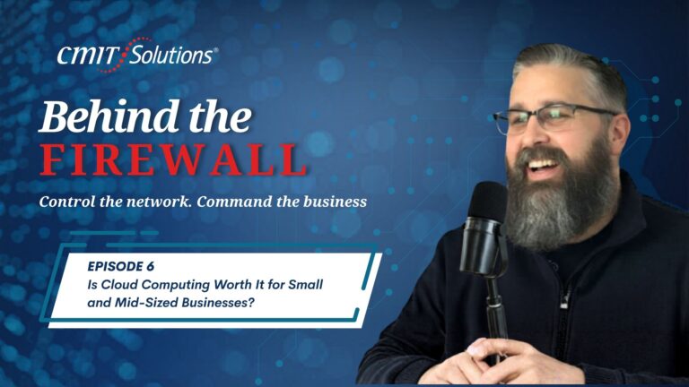 Tech-themed banner for 'Behind the Firewall' with CMIT Solutions logo, episode 6 text, and a man speaking into a microphone on the right.