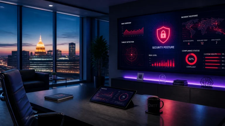 Modern executive office with a glowing security dashboard on a wall screen and a tablet on the desk, city skyline outside the windows.