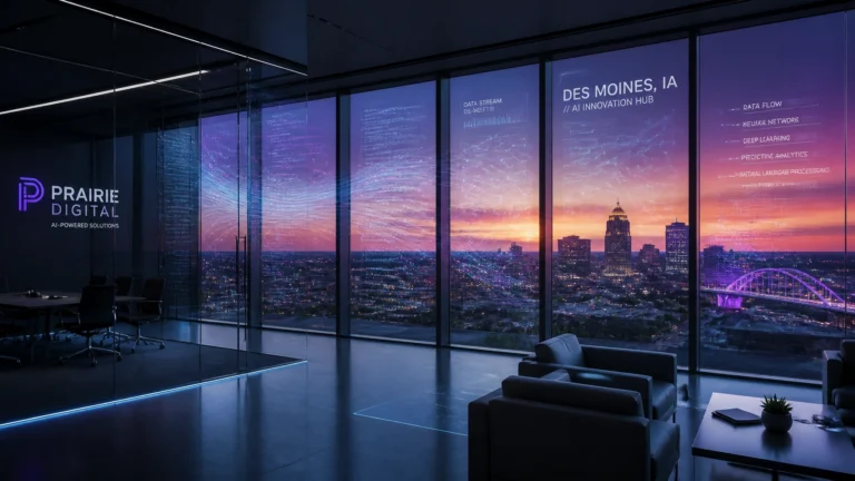 Modern glass-walled conference room with a sunset cityscape mural and the Prairie Digital logo, suggesting AI-powered solutions.