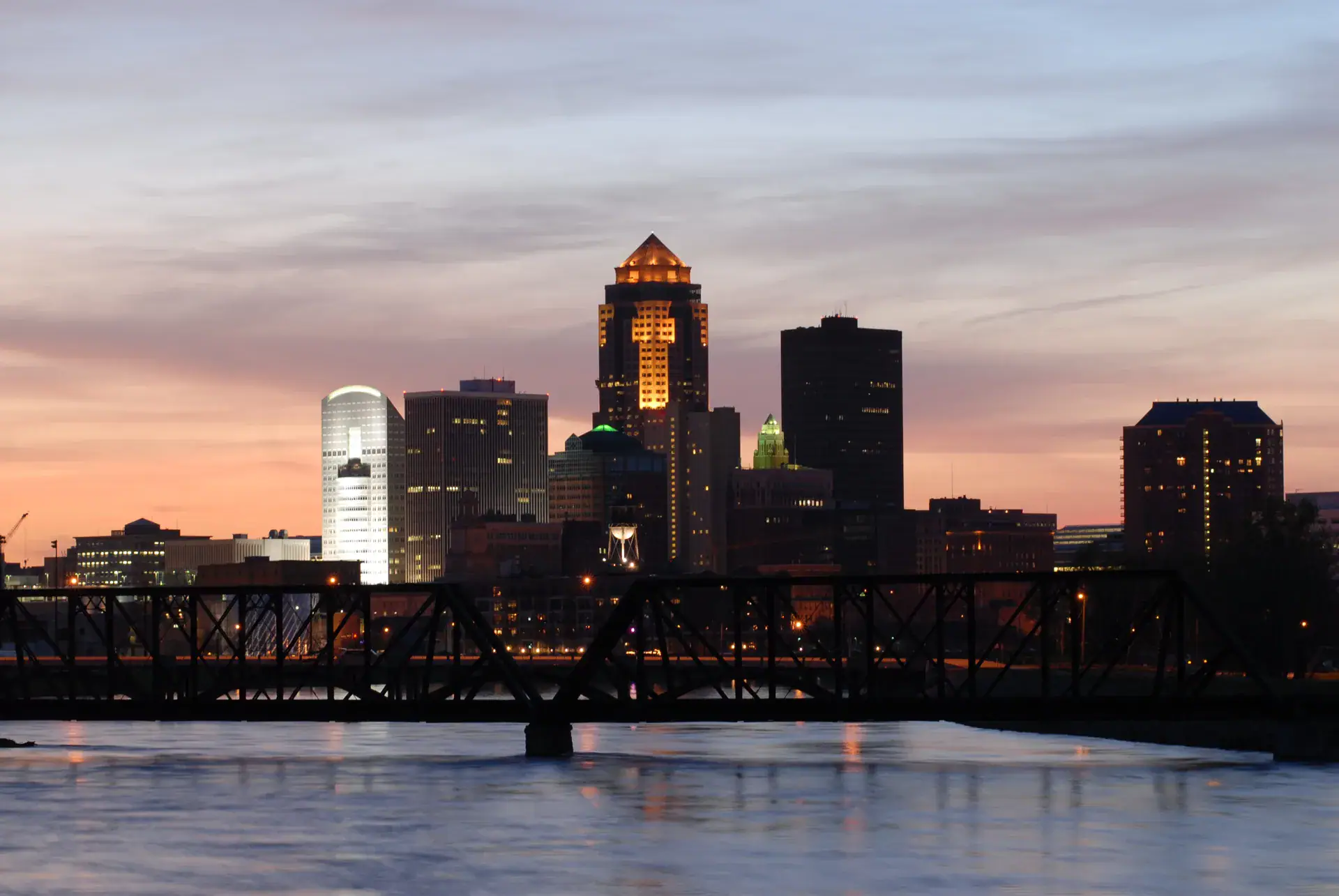 Des Moines skyline at dusk across the river, photographed in 2007