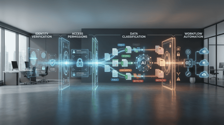 AI governance and data governance framework showing identity, permissions, data classification, controlled AI access, and workflow automation from CMIT Solutions of Northwest Metro Detroit.