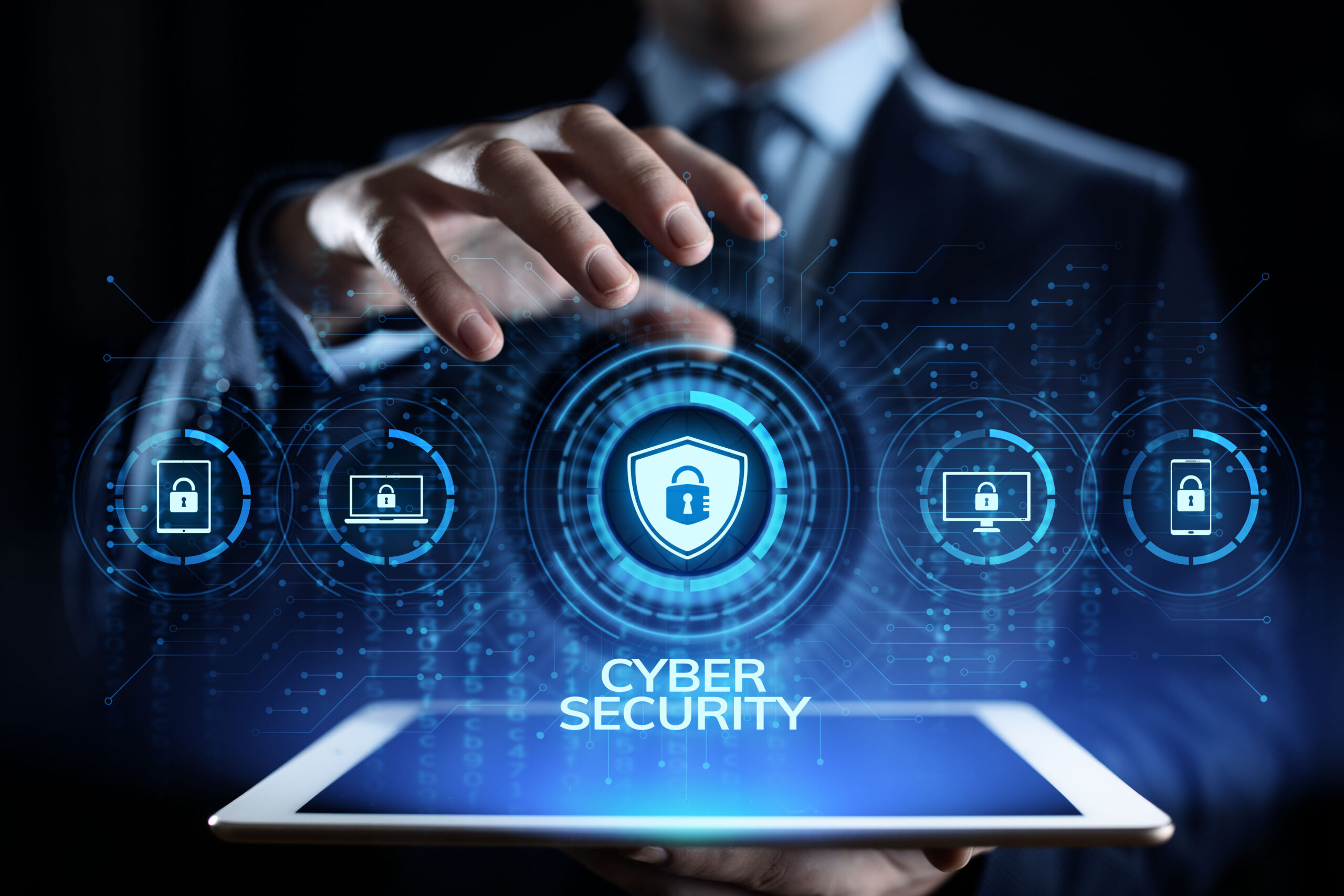 Vector icons representing cybersecurity hovering between a tab and a man’s hand