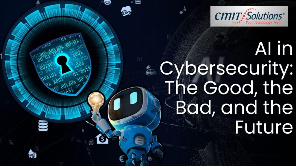 AI robot analyzing cybersecurity threats beside a digital padlock