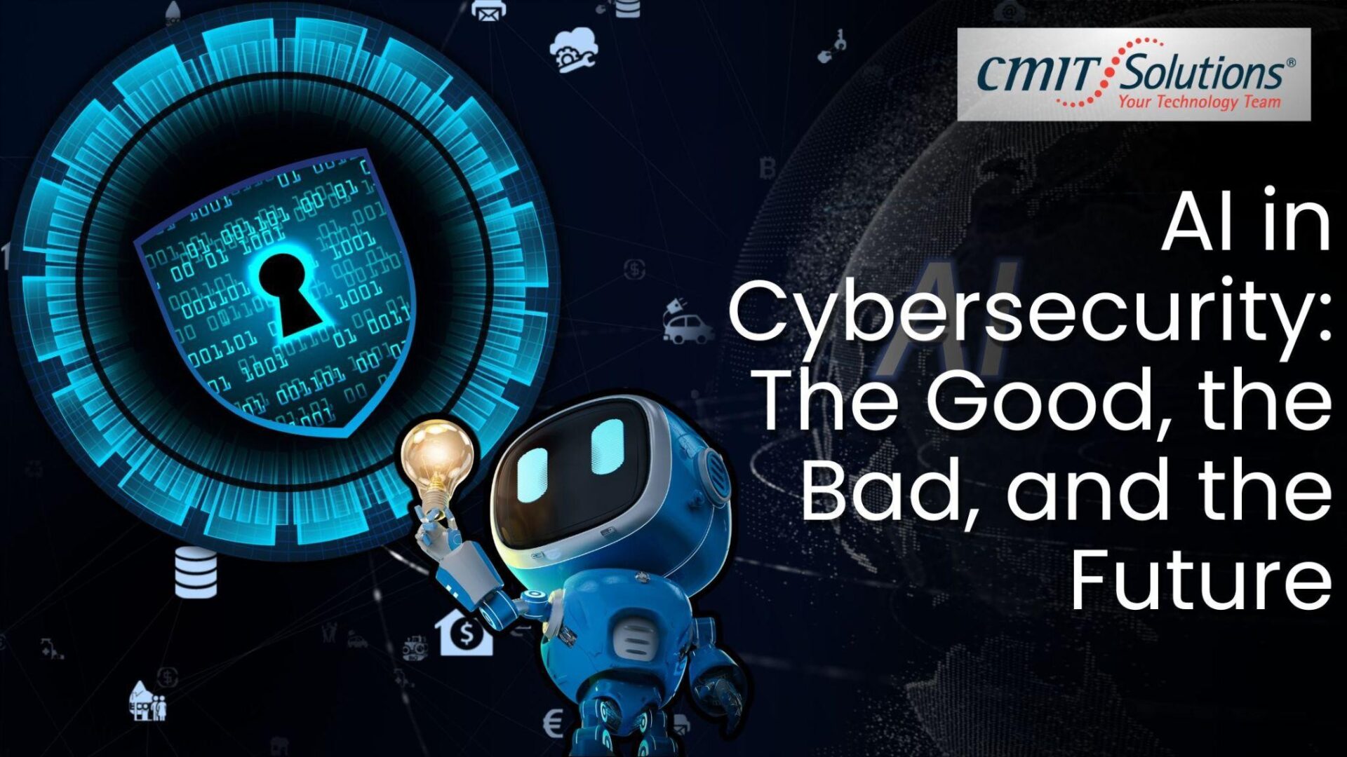 AI robot analyzing cybersecurity threats beside a digital padlock
