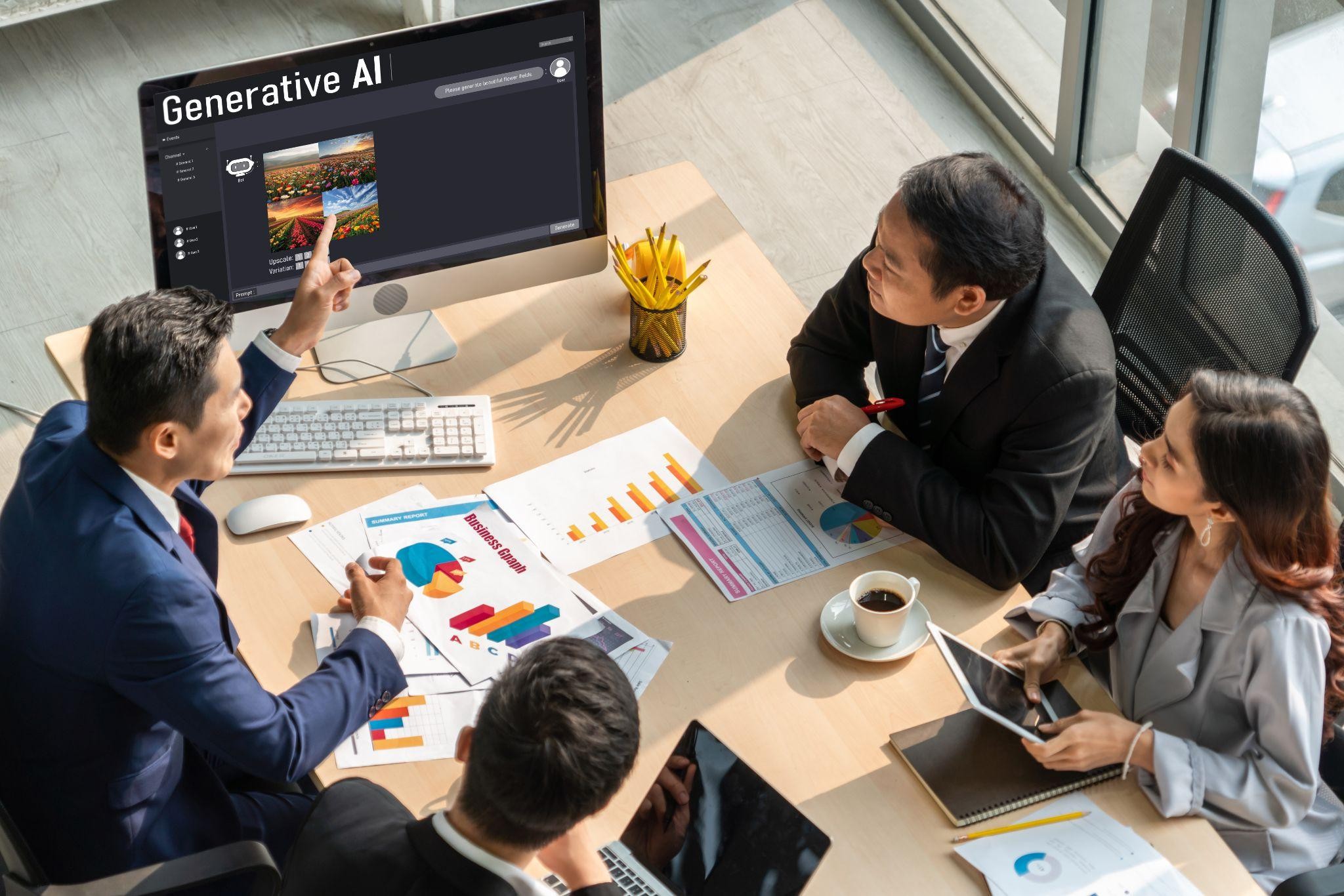 Team discusses generative AI visuals during a business meeting
