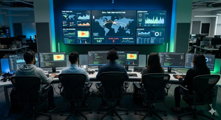 Five security analysts sit in a monitoring room at rowsof desks, watching large wall dashboards with global maps and threat graphs behind them.