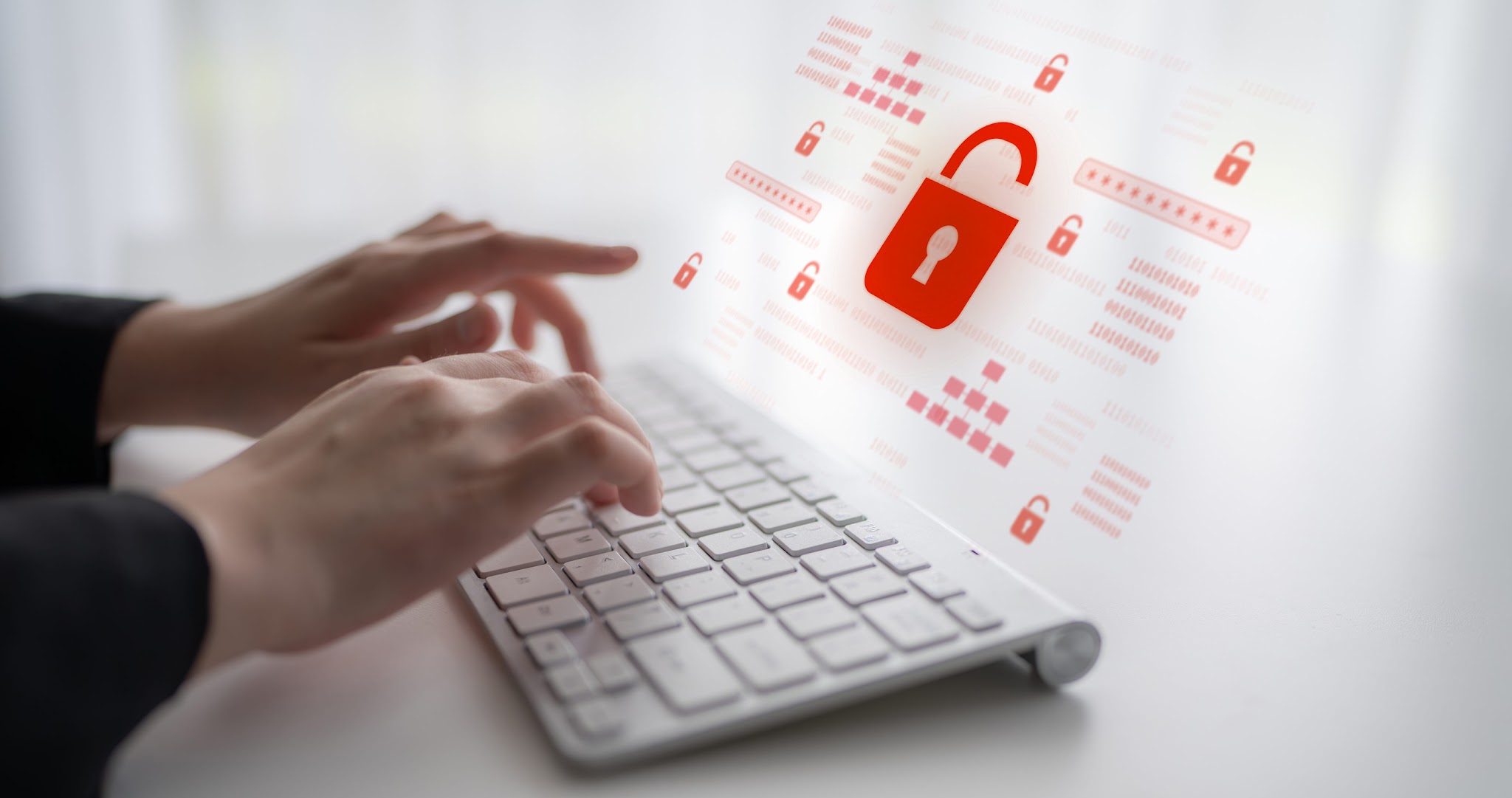 Close up of hands typing on a keyboard with a red padlock, binary code, and password fields shown above, representing data encryption and access control