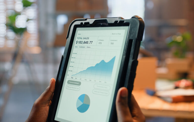 Graph, statistics and hands of person with tablet for finance review, crypto analysis and profit growth. Ecommerce, fintech and worker on digital tech screen for financial chart and data analytics