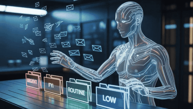 Animated image of an AI assistant organizing floating email messages into color-coded folders labeled Urgent, Follow-Up, and Routine, symbolizing automated inbox management.