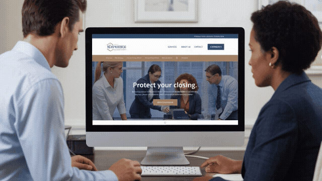 Two business professionals in an office viewing a title company website on a computer screen that briefly distorts, symbolizing website cloning and wire fraud risk in the real estate and title industry.