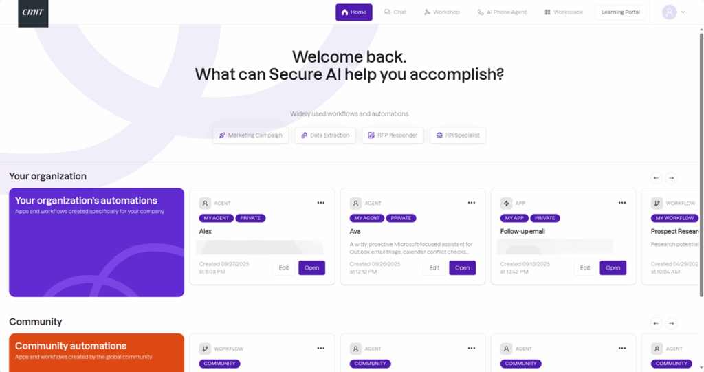 Screenshot of the Secure AI dashboard by CMIT Solutions of Fort Lauderdale showing the welcome message “Welcome. What can Secure AI help you accomplish?” and main workspace interface.