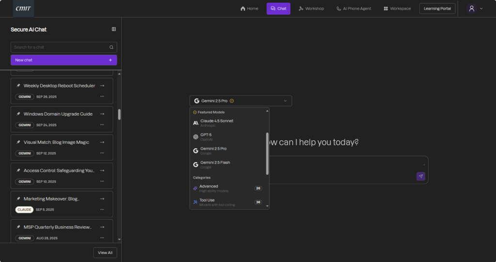 Screenshot of the Secure AI interface by CMIT Solutions of Fort Lauderdale showing model selection options by name and feature type, including advanced reasoning and image generation.