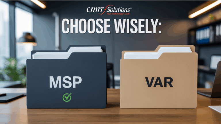 Two file folders labeled MSP and VAR on a wooden desk with the text ‘Choose Wisely’; thumbnail for CMIT Solutions of Fort Lauderdale video explaining the difference between a Managed Service Provider and a Value-Added Reseller.