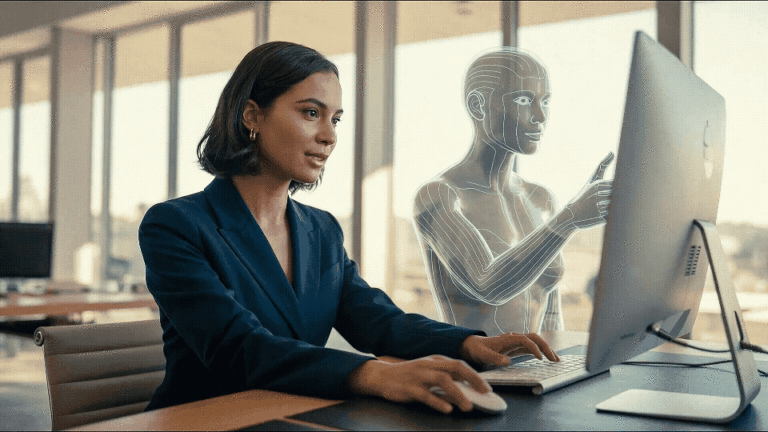 A woman working at her office computer besides an AI hologram assistant, symbolizing how employee AI training improves productivity and collaboration.
