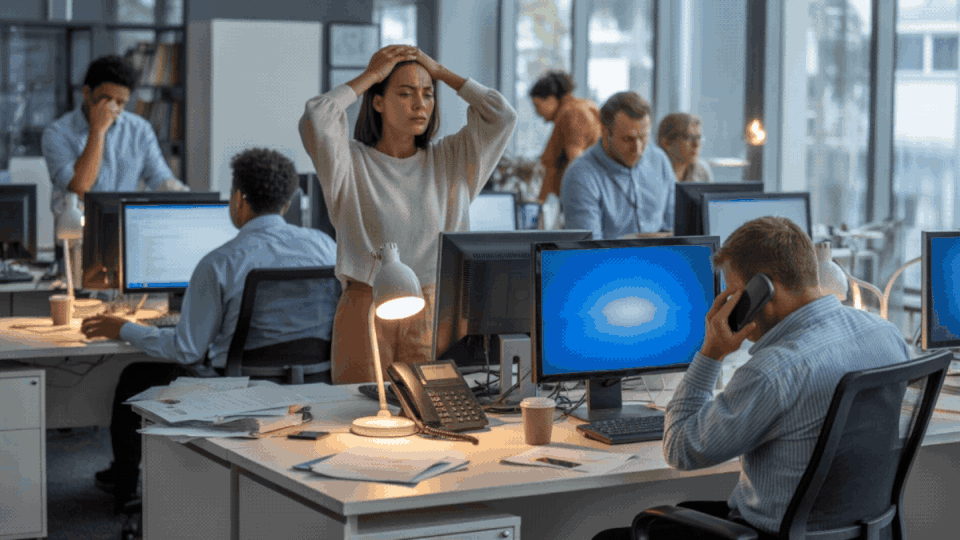 Office workers frustrated by computer issues until the systems suddenly recover and normal work resumes.