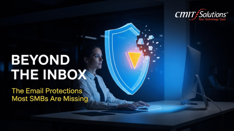 Cybersecurity themed thumbnail with an office worker, a blue shield icon, and the headline “Beyond the Inbox,” with CMIT Solutions branding.