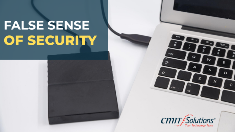 External hard drive connected to a laptop with text ‘False Sense of Security’ representing unreliable backup strategies