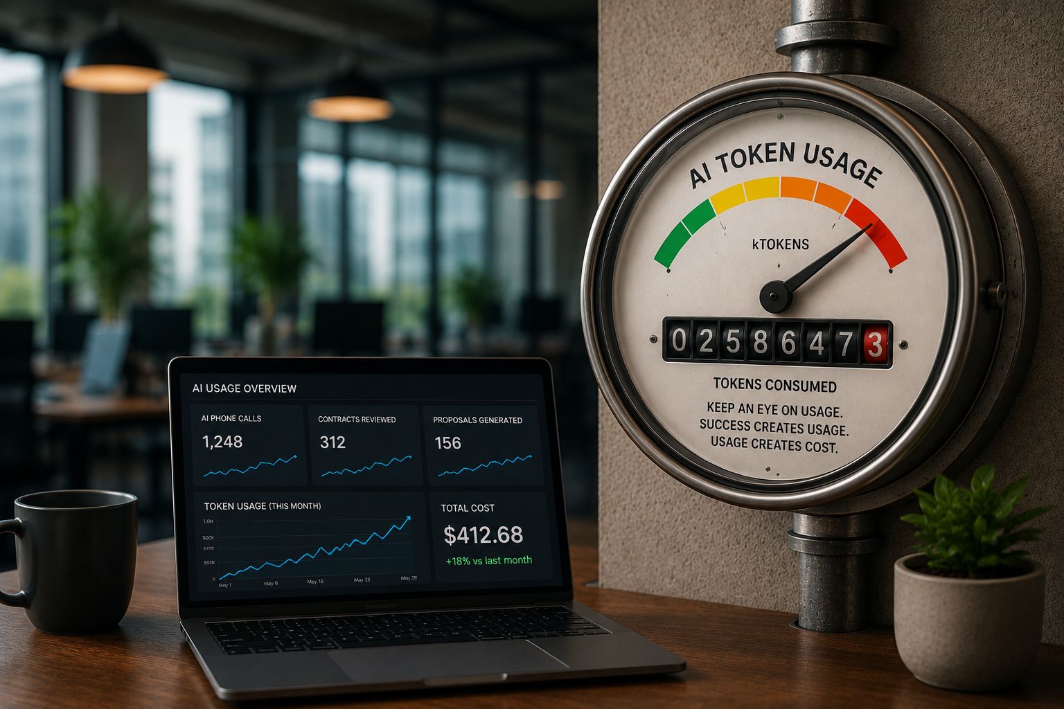 Laptop and utility meter symbolizing AI token usage, automation activity, and business costs.